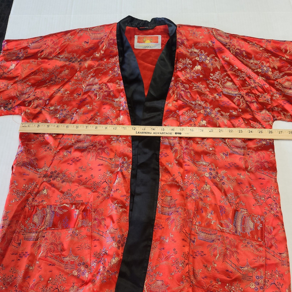Vintage Oriental Kimono Robe L Red Black Satin Asian Print Lounge Duster Boho - Picture 6 of 9